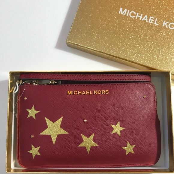 Michael Kors Large Top Zip Clutch Wristlet Leather Cherry Red Gold Stars Gift - Picture 2 of 7